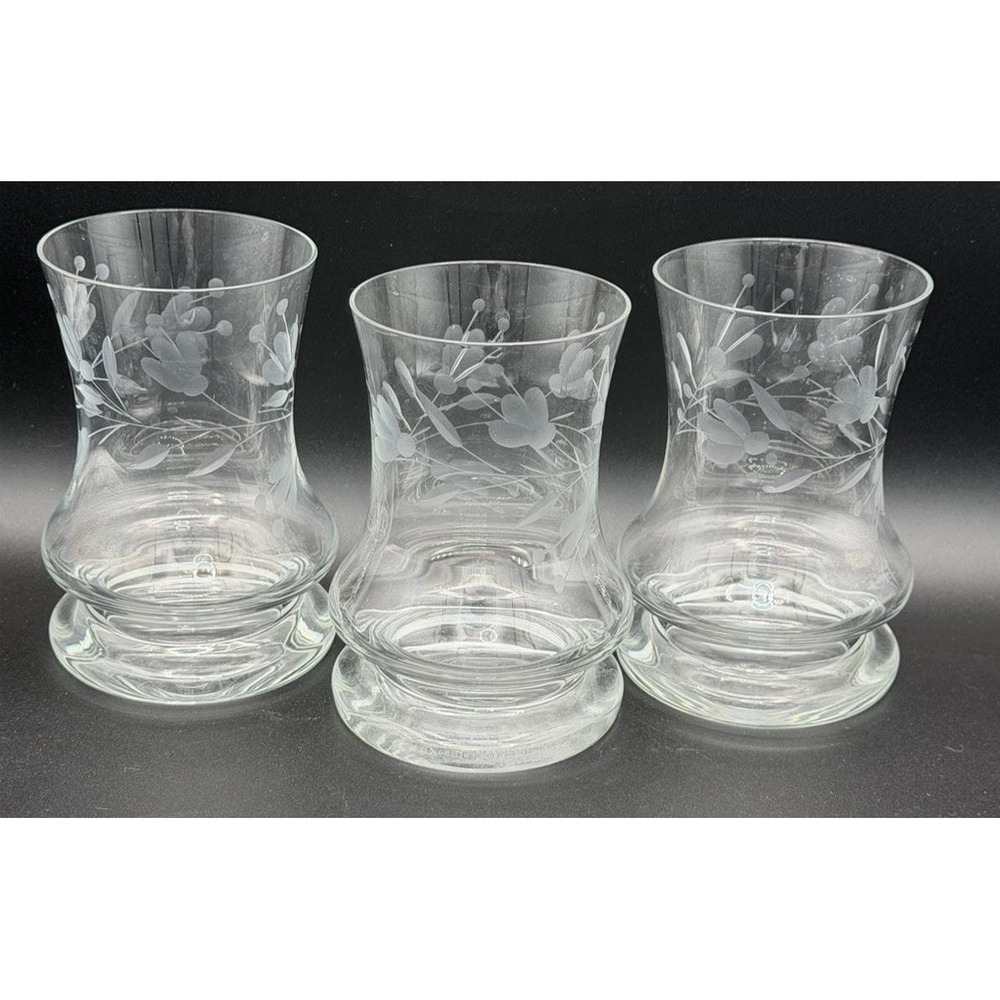 3 Krosno Poland Etched Crystal 5" Tumblers Highball Glasses - Columbine EUC